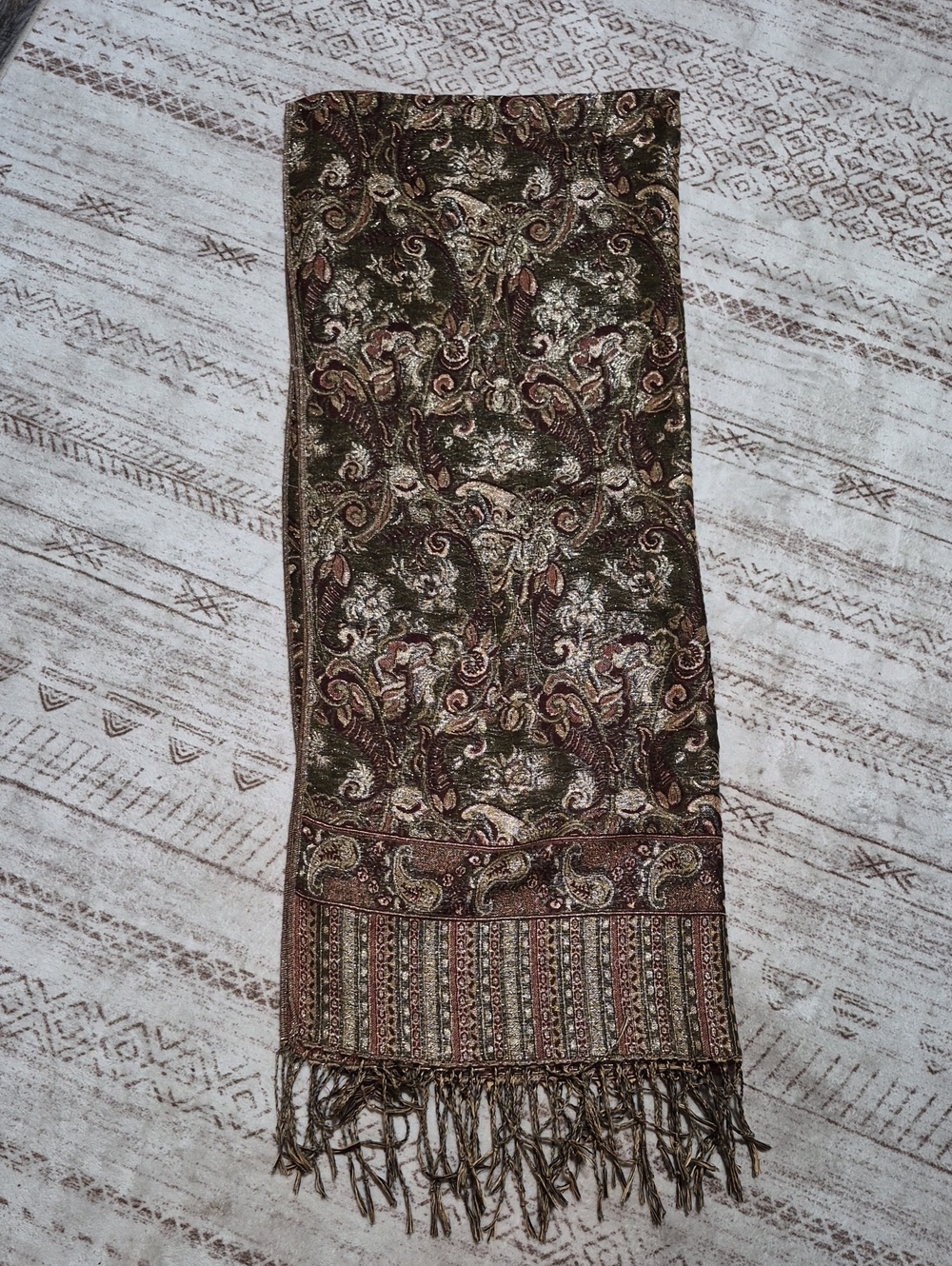 Source Unknown Olive and Burgundy Paisley Fringe Wrap